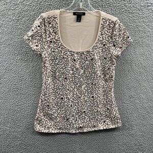 White House Black Market WHBM Womens‎ Top Small Tan Sequined Shirt Stretch Lined